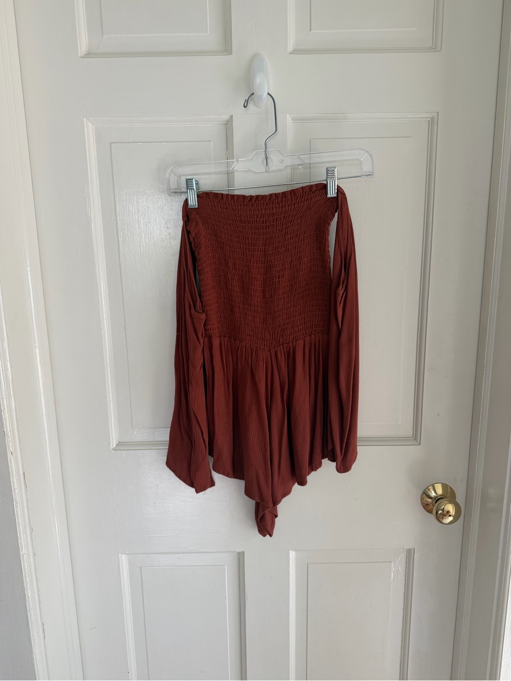 Blue Life Off Shoulder Smocked Romper Rust Brown XS